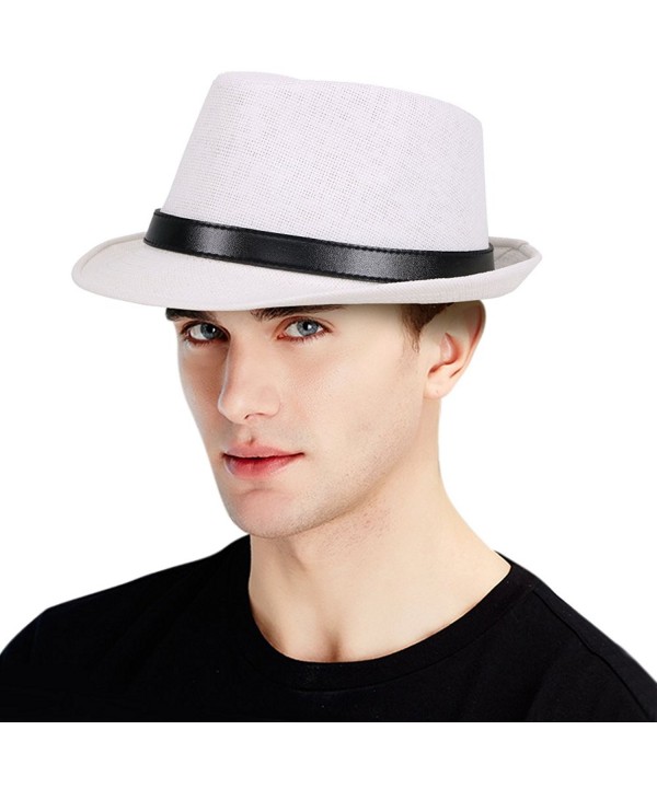 Classic Men's Straw Fedora Hat w/ Faux Leather Belt Band- White - CP17Y08ROZ8