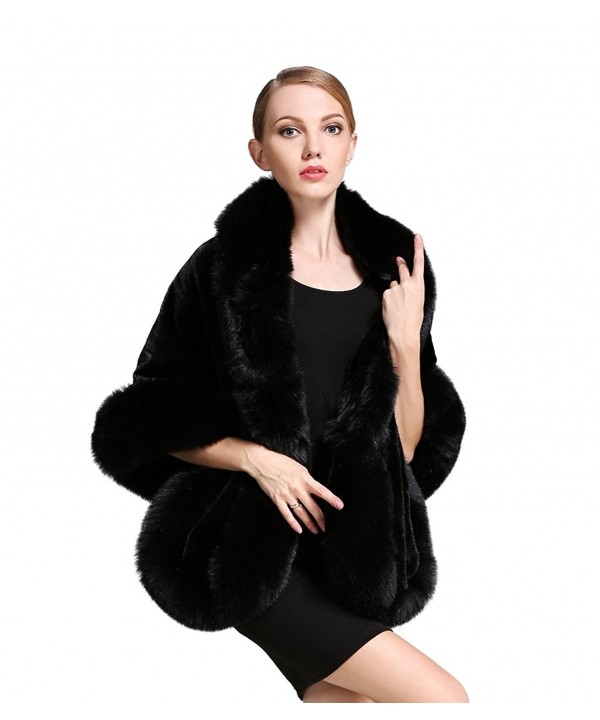 BEAUTELICATE Women's Party Faux Fox Fur Long Shawl Cloak Cape Coat-S64(More Colors) - Black - CF12OBFQKGQ