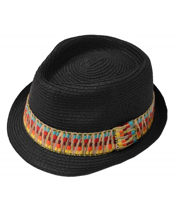 Straw Fedora Hat with Rainbow Band Medium Black - CR119B9MZER