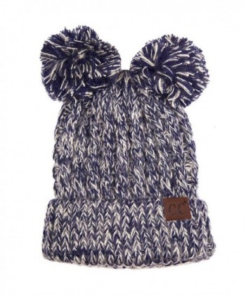 ScarvesMe CC Women Ribbed Knitted Double Pom Pom Beanie Hat - 2 Tone Navy - CJ1875355Q4