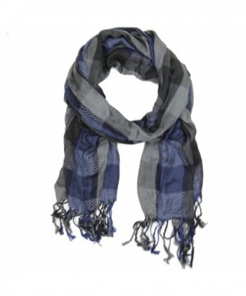 Bucasi Gray Black and Blue Plaid Checkered Grid Scarf with Tassel Fringe - CX11MYDANI1