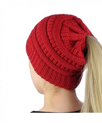 Mimgo Trendy Women Winter Knit Hat Beanie Tail Hat Ponytail Stretch High Bun Knit Hat (Red) - CE1889LE9SL