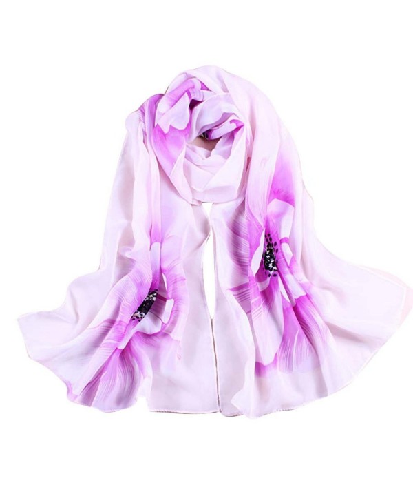 WensLTD Women Soft Thin Chiffon Silk Scarf Flower Printed Scarves Wrap Shawl - Purple - CY12IZY8GFP