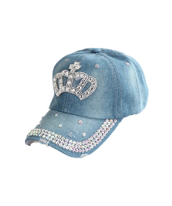 FUNOC Women Summer Adjustable Rhinestone Diamante Crown Denim Sun Hat Cap Caps - Dark Blue - CL11ZYOYGK9