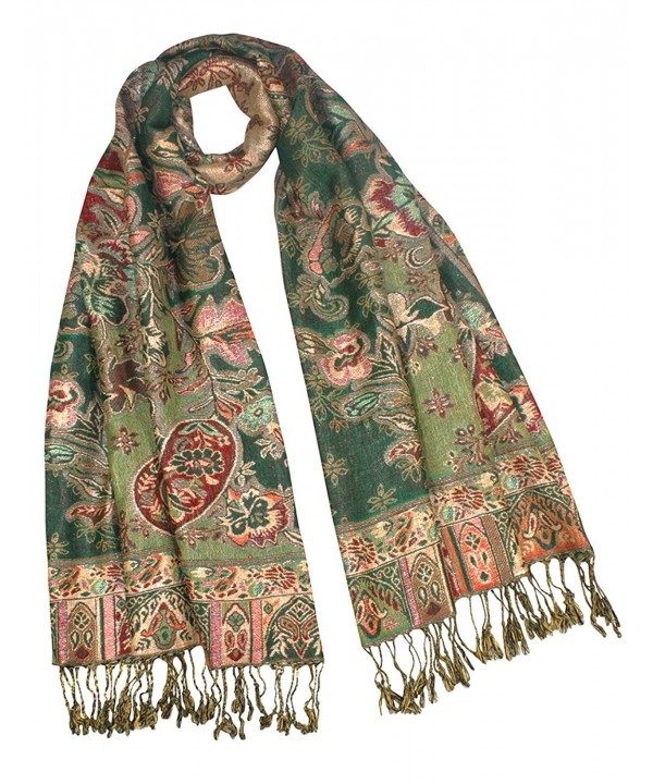 Rayon Metallic Paisley Flower Garden Two-Sided Reversible Scarf - Olive Green - CW115O7ZNJT