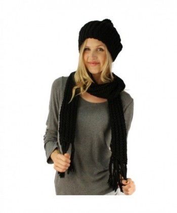 Handknit 2pc Winter Ribbed Knit Ski Beret Pom Pom Beanie Hat w Scarf Set - Black - CW11FXO6VSF