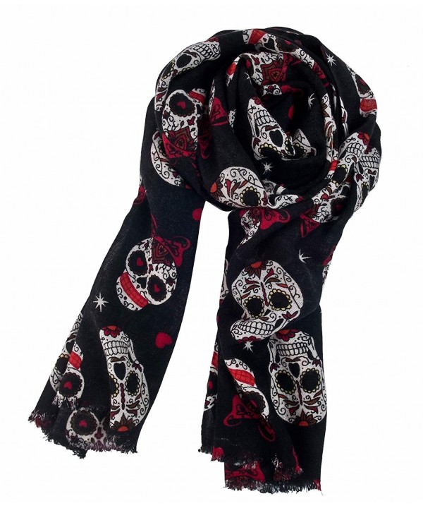 Roswear Women's Pure Wool Sugar Skull Print Super Soft Long Scarf Shawl - Black - C4128A5SQ3P