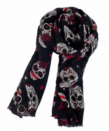 Roswear Women's Pure Wool Sugar Skull Print Super Soft Long Scarf Shawl - Black - C4128A5SQ3P